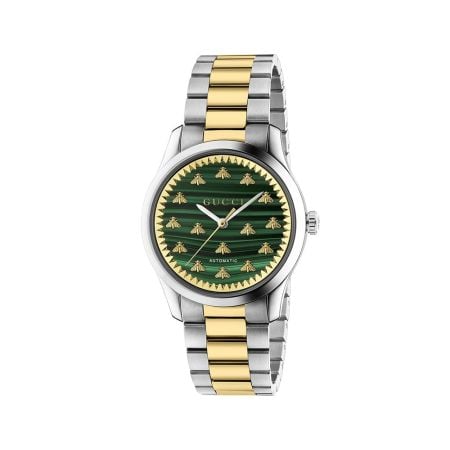 Gucci G-Timeless Automatic Steel & 18K Gold 38mm Bees Green Malachite