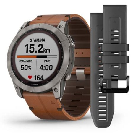 Garmin Fenix 7X Sapphire Solar Titanium With Chestnut Leather Band And Graphite Silicone Band